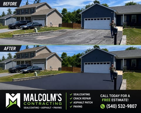 Before and after comparison of driveway sealcoating and asphalt repair services by Malcolms for Home