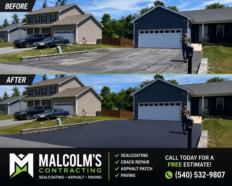 Before and after comparison of driveway sealcoating and asphalt repair services by Malcolms for Home
