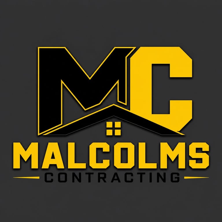Malcolms Contracting logo with yellow and black geometric house design and company name